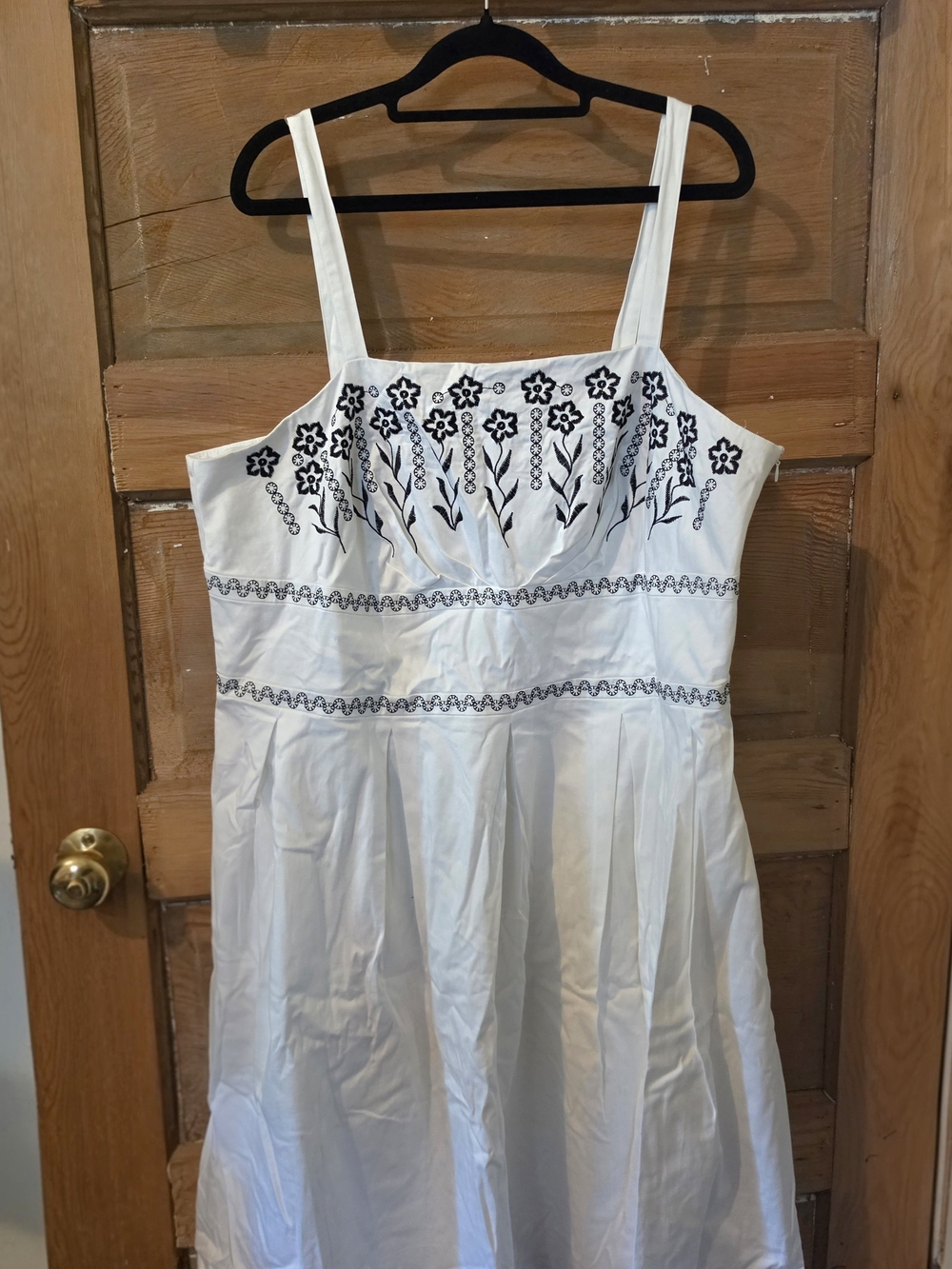 White Midi Dress with Black Floral Embroidery